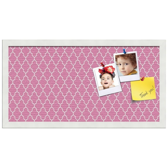 PinPix ArtToFrames 10x22 Custom Cork Bulletin Board Quatrefoil Pink Poster Board Has a Fabric Style Canvas Finish, Framed in Satin White Frame (PinPix-283)