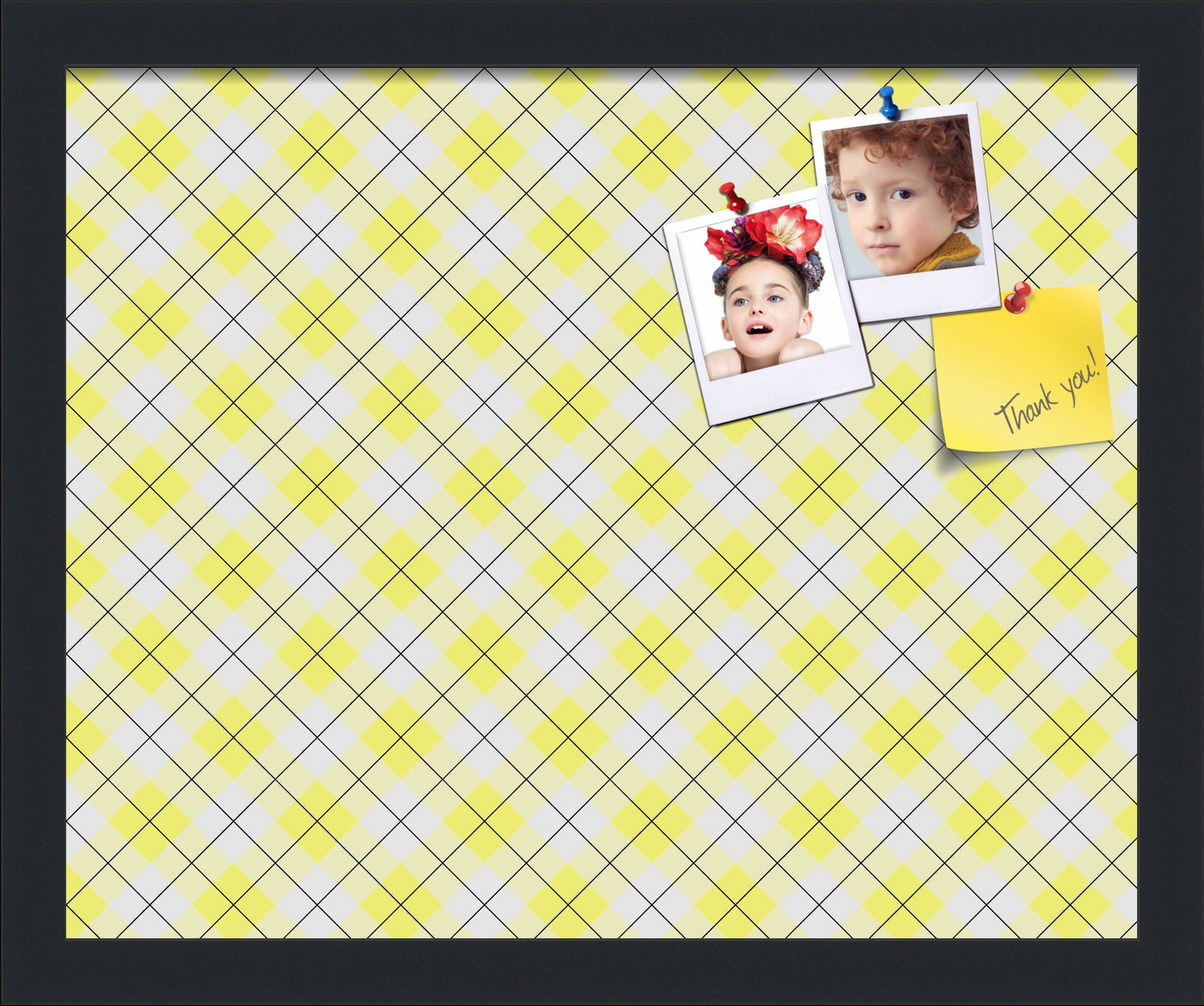 PinPix ArtToFrames 14x11 Custom Cork Bulletin Board Argyle Bright Yellow   Poster Board Has a Fabric Style Canvas Finish, Framed in Satin Black (PinPix-647)