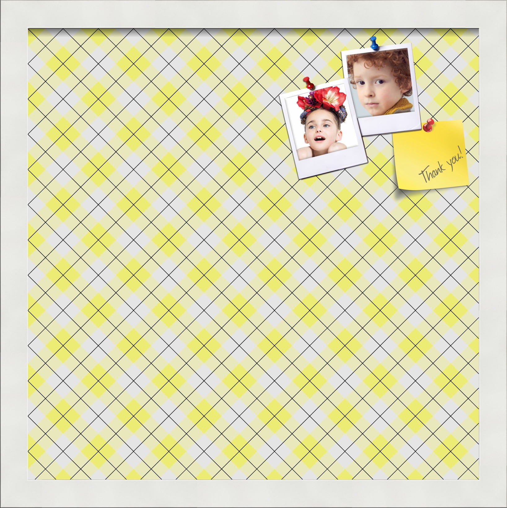 PinPix ArtToFrames 14x14 Custom Cork Bulletin Board Argyle Bright Yellow   Poster Board Has a Fabric Style Canvas Finish, Framed in Satin White Frame (PinPix-647)