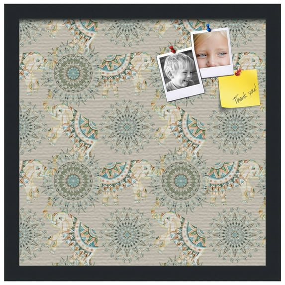 PinPix ArtToFrames 14x14 Custom Cork Bulletin Board Bohemian Elephants Beige Poster Board Has a Fabric Style Canvas Finish, Framed in Satin Black (PinPix-1577)