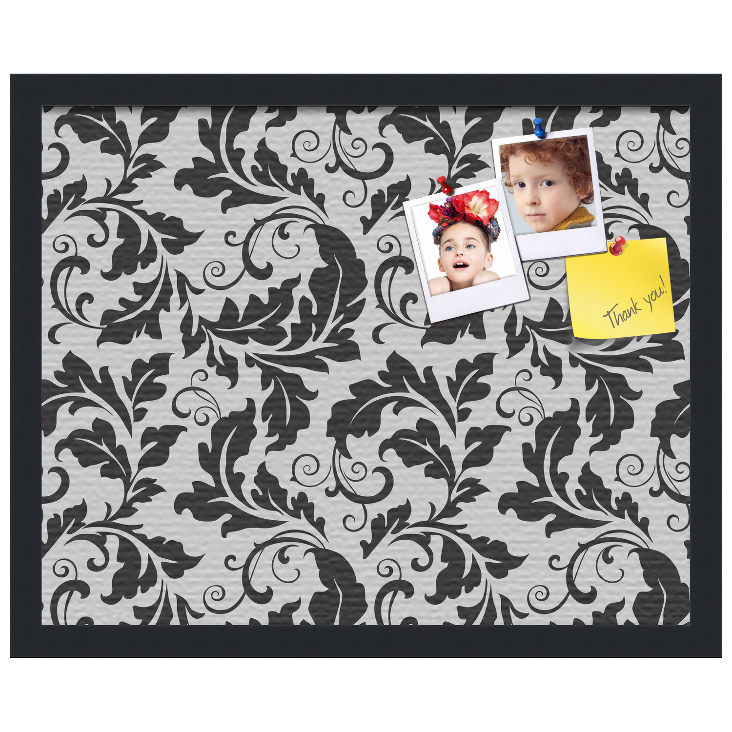 PinPix ArtToFrames 14x18 Custom Cork Bulletin Board Floral Black Leaf   Poster Board Has a Fabric Style Canvas Finish, Framed in Satin Black (PinPix-180)
