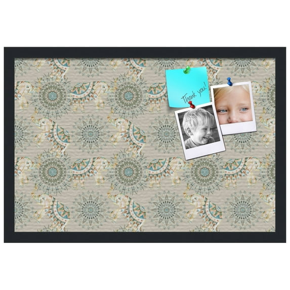 PinPix ArtToFrames 14x22 Custom Cork Bulletin Board Bohemian Elephants Beige Poster Board Has a Fabric Style Canvas Finish, Framed in Satin Black (PinPix-1577)