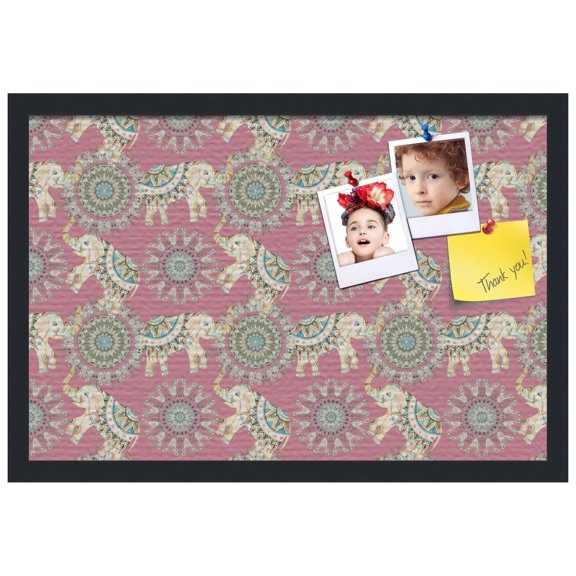 PinPix ArtToFrames 14x22 Custom Cork Bulletin Board Bohemian Elephants Watermelon   Poster Board Has a Fabric Style Canvas Finish, Framed in Satin Black (PinPix-1580)