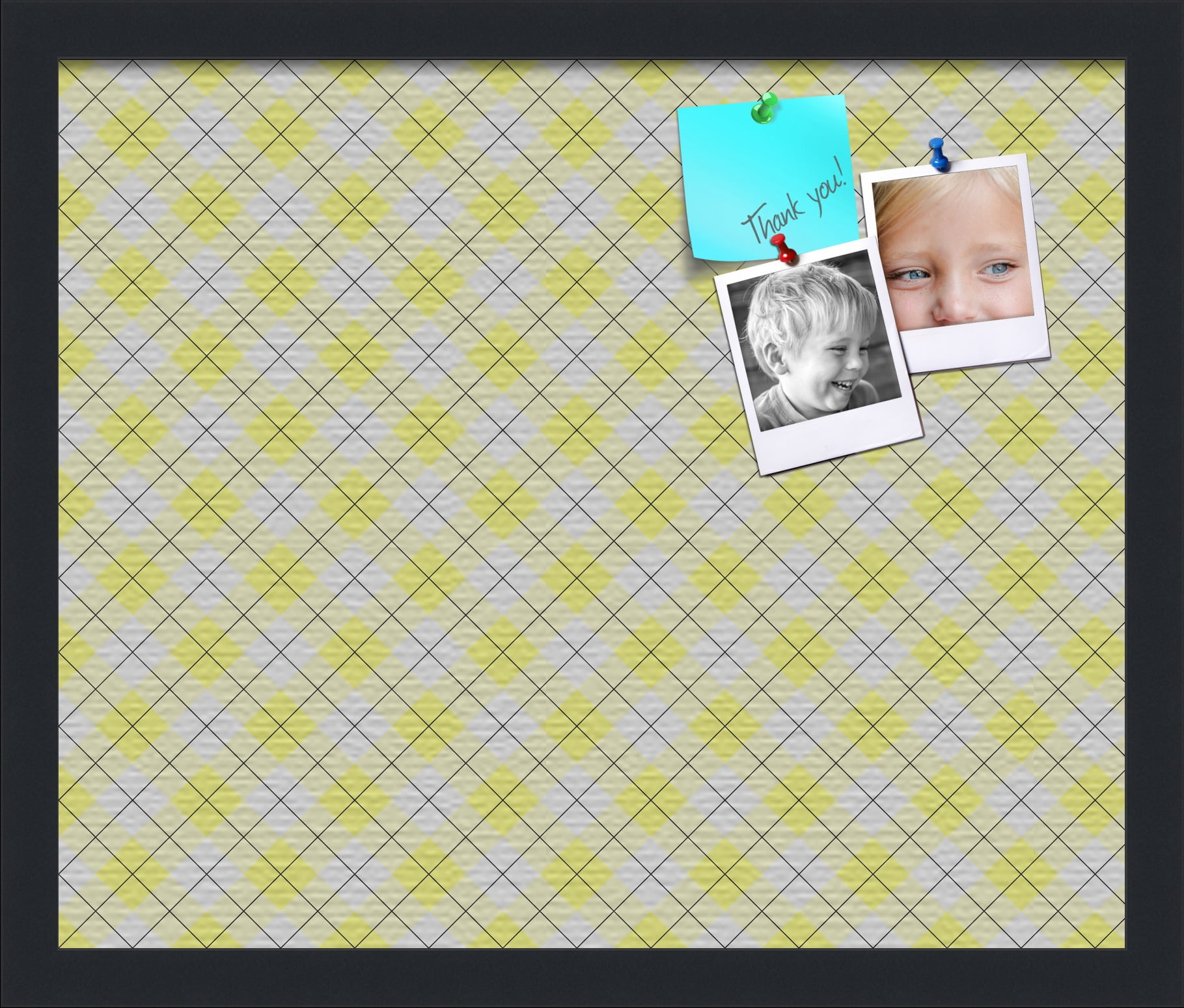 PinPix ArtToFrames 16x13 Custom Cork Bulletin Board Argyle Bright Yellow   Poster Board Has a Fabric Style Canvas Finish, Framed in Satin Black (PinPix-647)