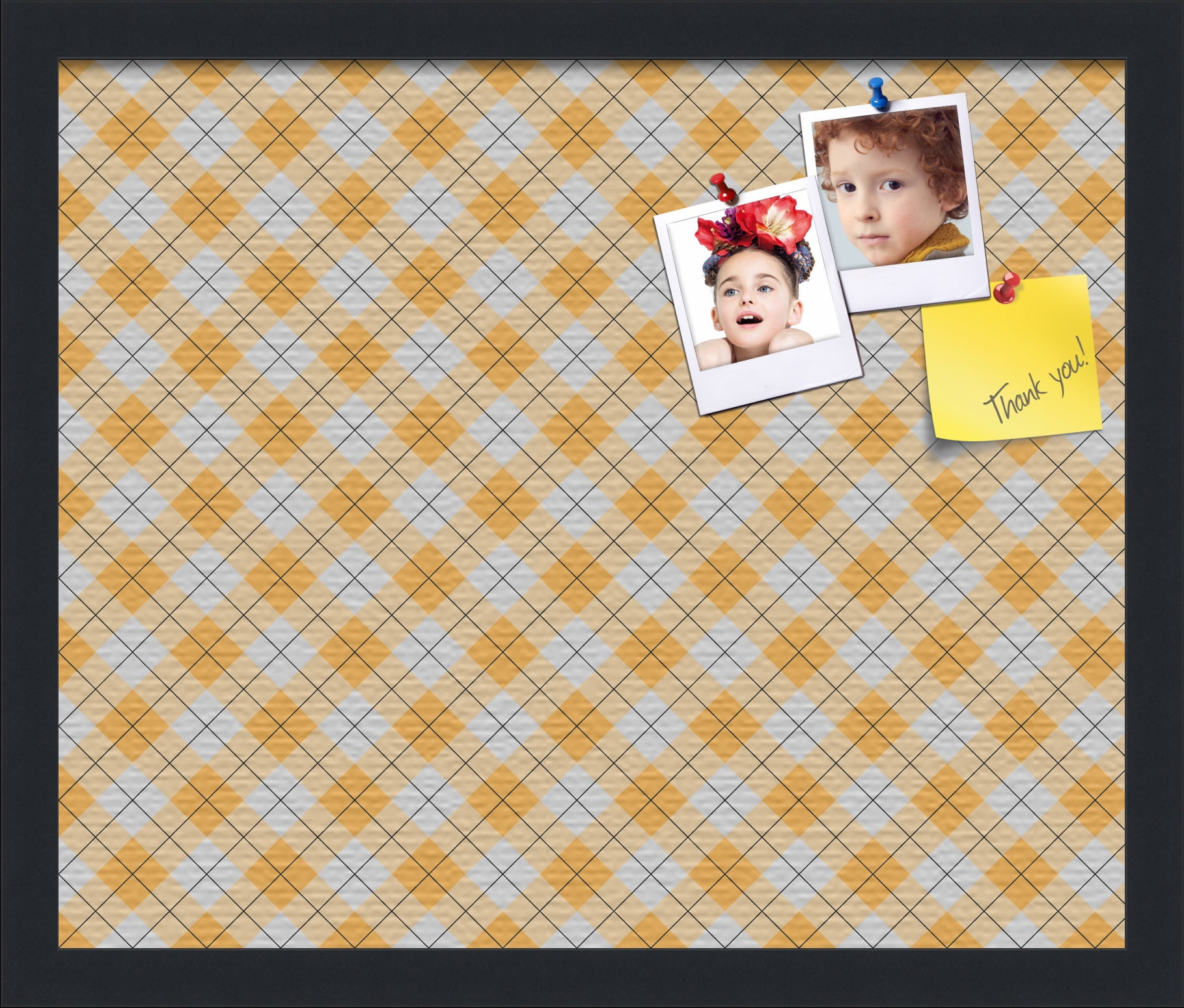 PinPix ArtToFrames 16x13 Custom Cork Bulletin Board Argyle Orange   Poster Board Has a Fabric Style Canvas Finish, Framed in Satin Black (PinPix-636)