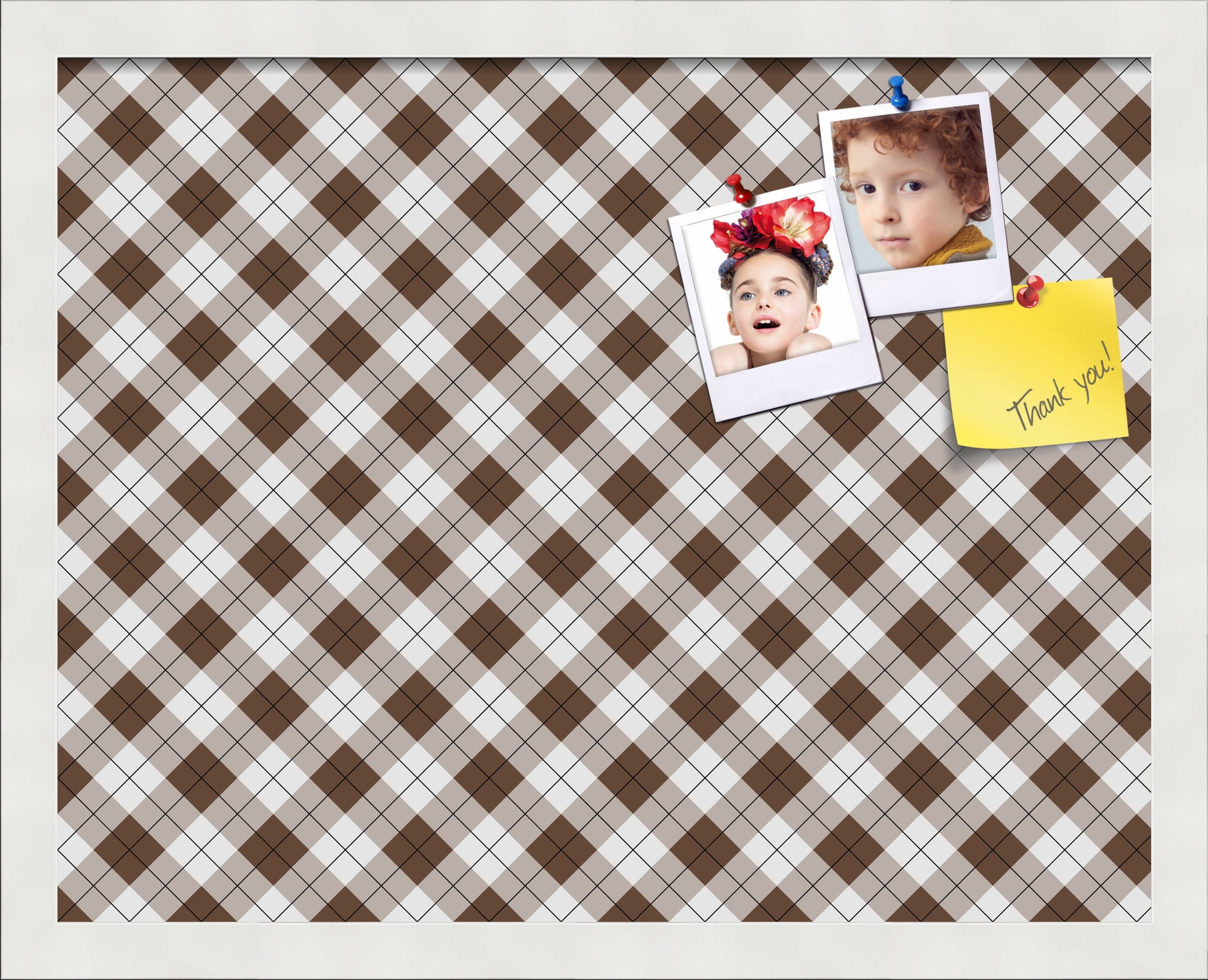 PinPix ArtToFrames 17x13 Custom Cork Bulletin Board Argyle Brown   Poster Board Has a Fabric Style Canvas Finish, Framed in Satin White Frame (PinPix-631)