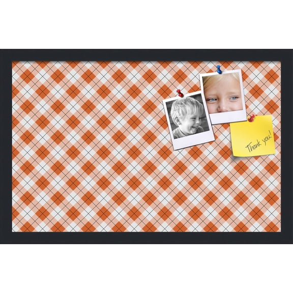 PinPix ArtToFrames 20x12 Custom Cork Bulletin Board Argyle Burnt Orange Poster Board Has a Fabric Style Canvas Finish, Framed in Satin Black (PinPix-634)