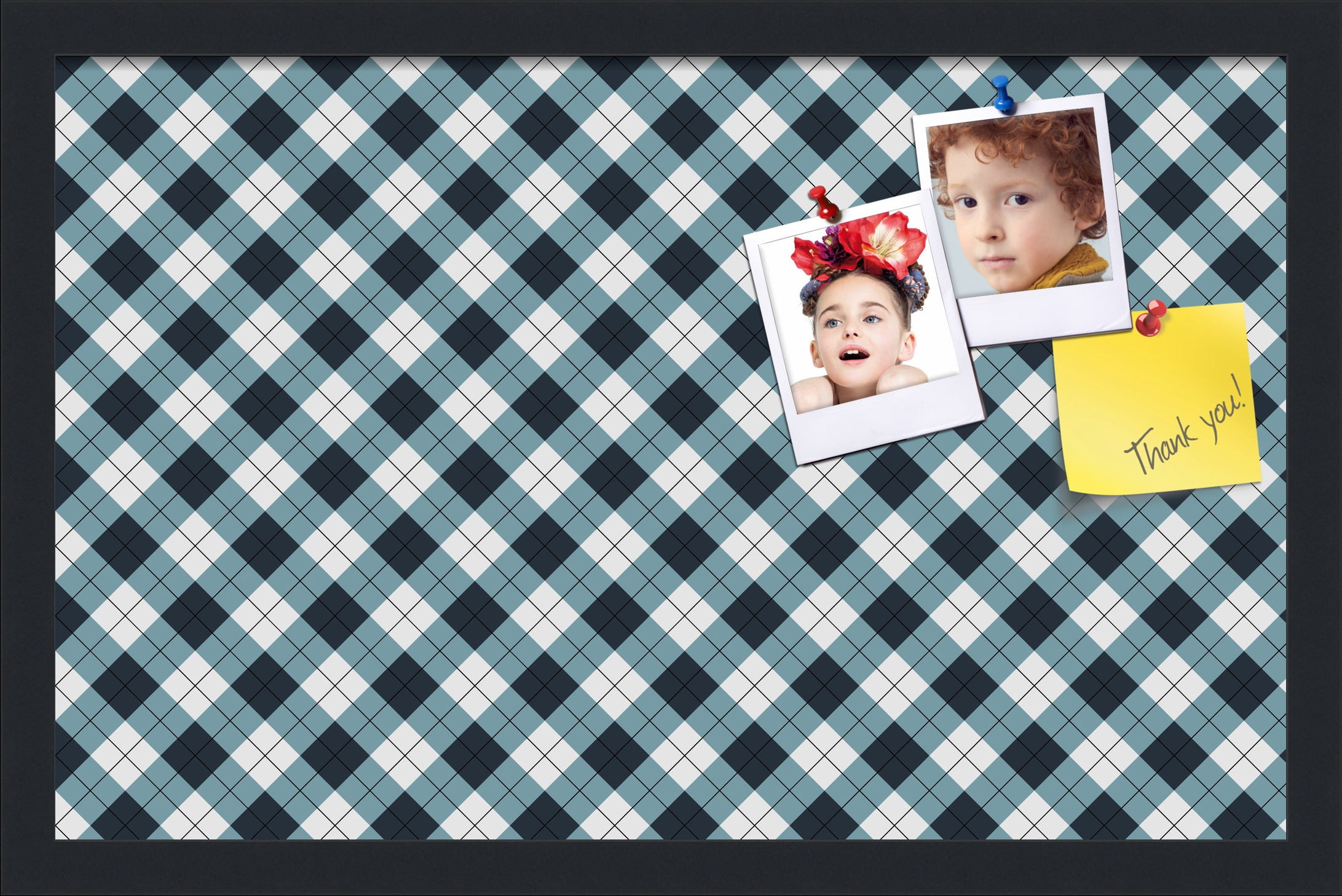 PinPix ArtToFrames 20x12 Custom Cork Bulletin Board Argyle Mixed Blue   Poster Board Has a Fabric Style Canvas Finish, Framed in Satin Black (PinPix-630)