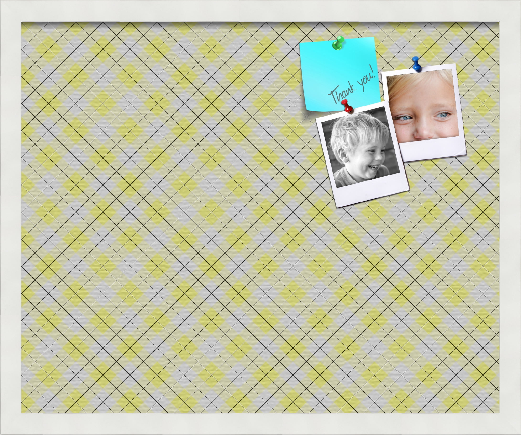 PinPix ArtToFrames 20x16 Custom Cork Bulletin Board Argyle Bright Yellow   Poster Board Has a Fabric Style Canvas Finish, Framed in Satin White Frame (PinPix-647)