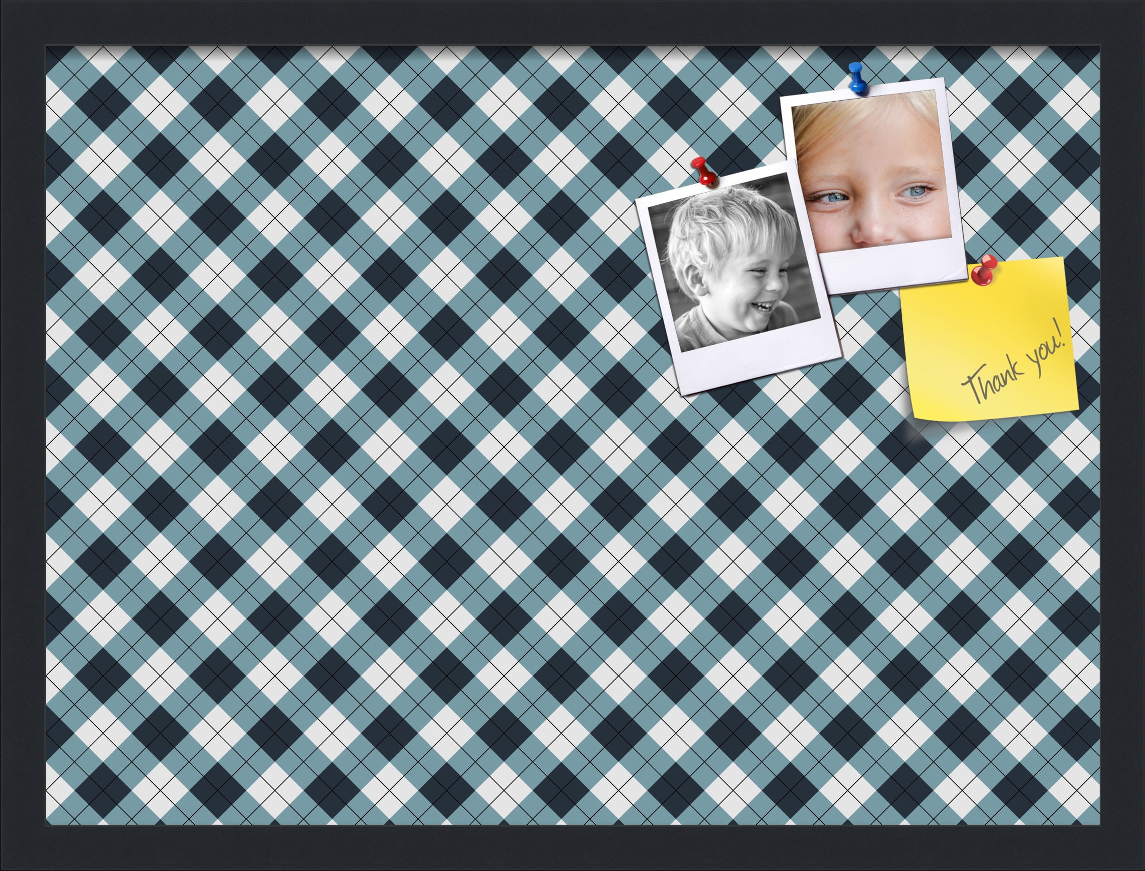 PinPix ArtToFrames 21x15 Custom Cork Bulletin Board Argyle Mixed Blue   Poster Board Has a Fabric Style Canvas Finish, Framed in Satin Black (PinPix-630)