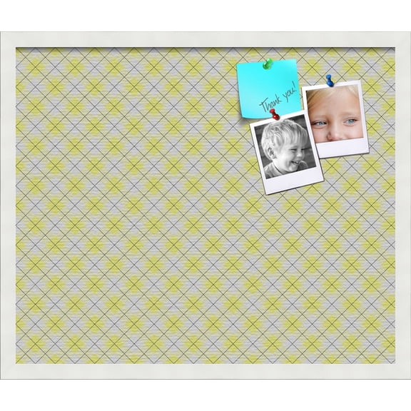 PinPix ArtToFrames 22x18 Custom Cork Bulletin Board Argyle Bright Yellow Poster Board Has a Fabric Style Canvas Finish, Framed in Satin White Frame (PinPix-647)