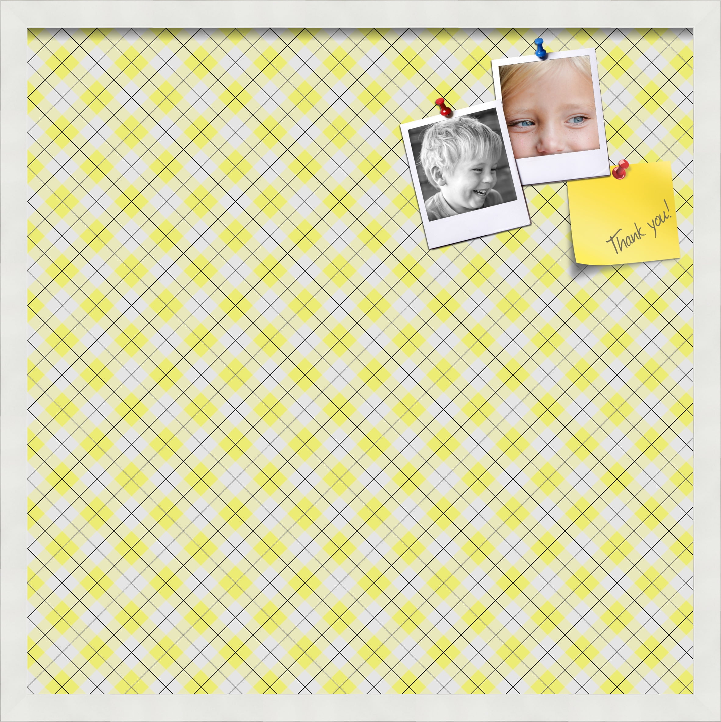 PinPix ArtToFrames 22x22 Custom Cork Bulletin Board Argyle Bright Yellow   Poster Board Has a Fabric Style Canvas Finish, Framed in Satin White Frame (PinPix-647)