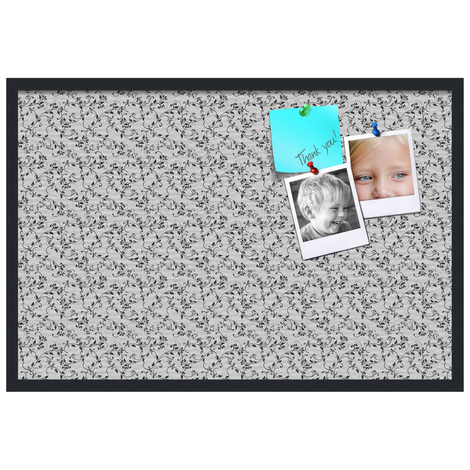 PinPix ArtToFrames 22x34 Custom Cork Bulletin Board Black Flower - Leaf   Poster Board Has a Fabric Style Canvas Finish, Framed in Satin Black (PinPix-178)