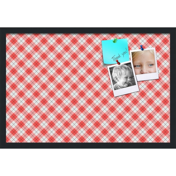 PinPix ArtToFrames 25x16 Custom Cork Bulletin Board Argyle Red Poster Board Has a Fabric Style Canvas Finish, Framed in Satin Black (PinPix-646)