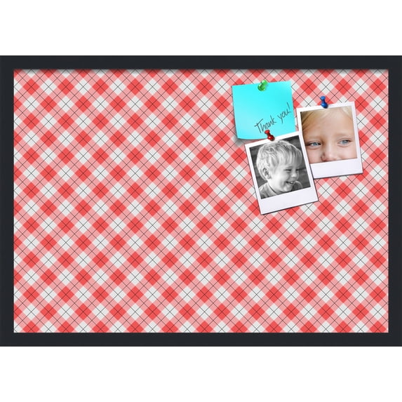 PinPix ArtToFrames 25x17 Custom Cork Bulletin Board Argyle Red Poster Board Has a Fabric Style Canvas Finish, Framed in Satin Black (PinPix-646)