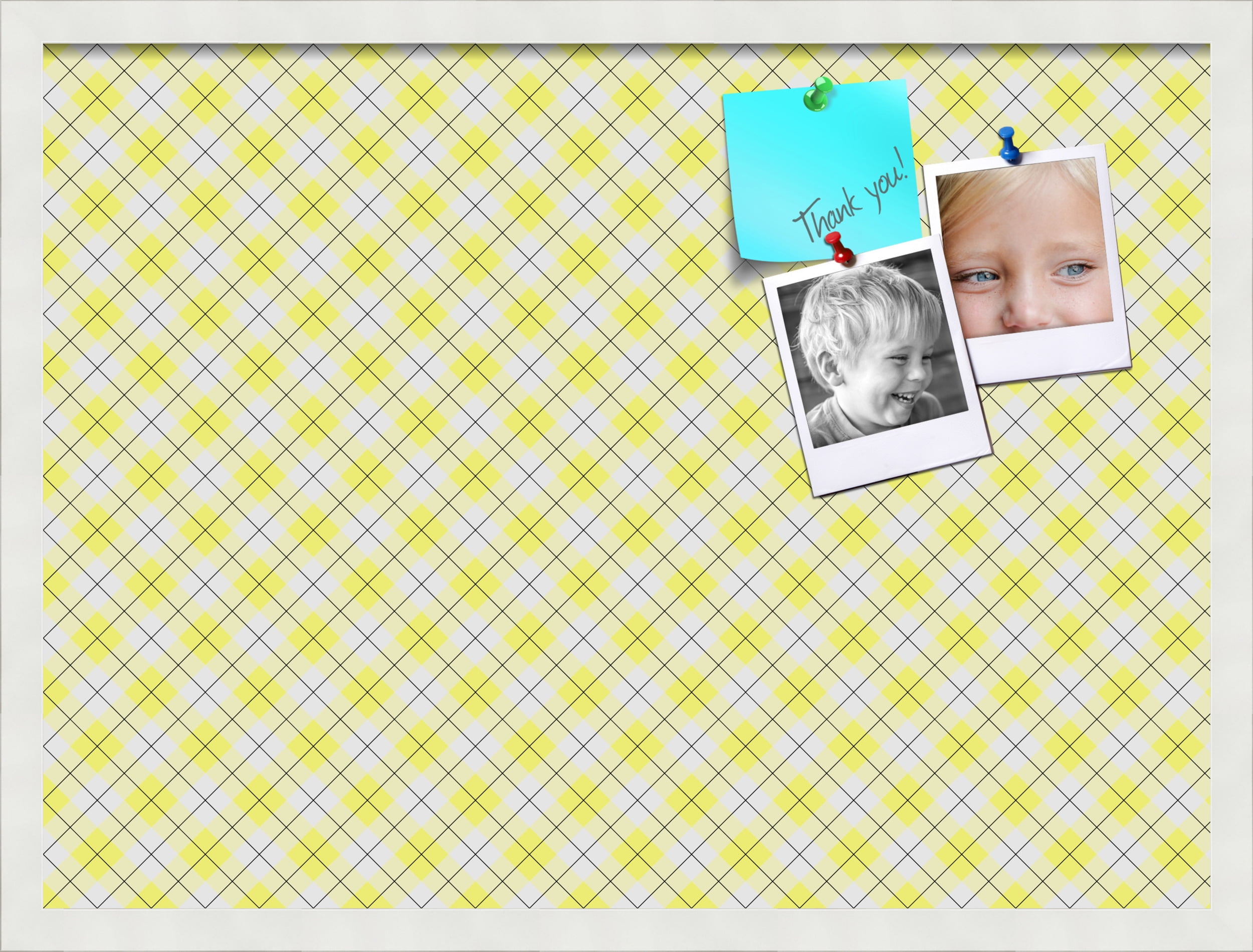 PinPix ArtToFrames 25x18 Custom Cork Bulletin Board Argyle Bright Yellow   Poster Board Has a Fabric Style Canvas Finish, Framed in Satin White Frame (PinPix-647)