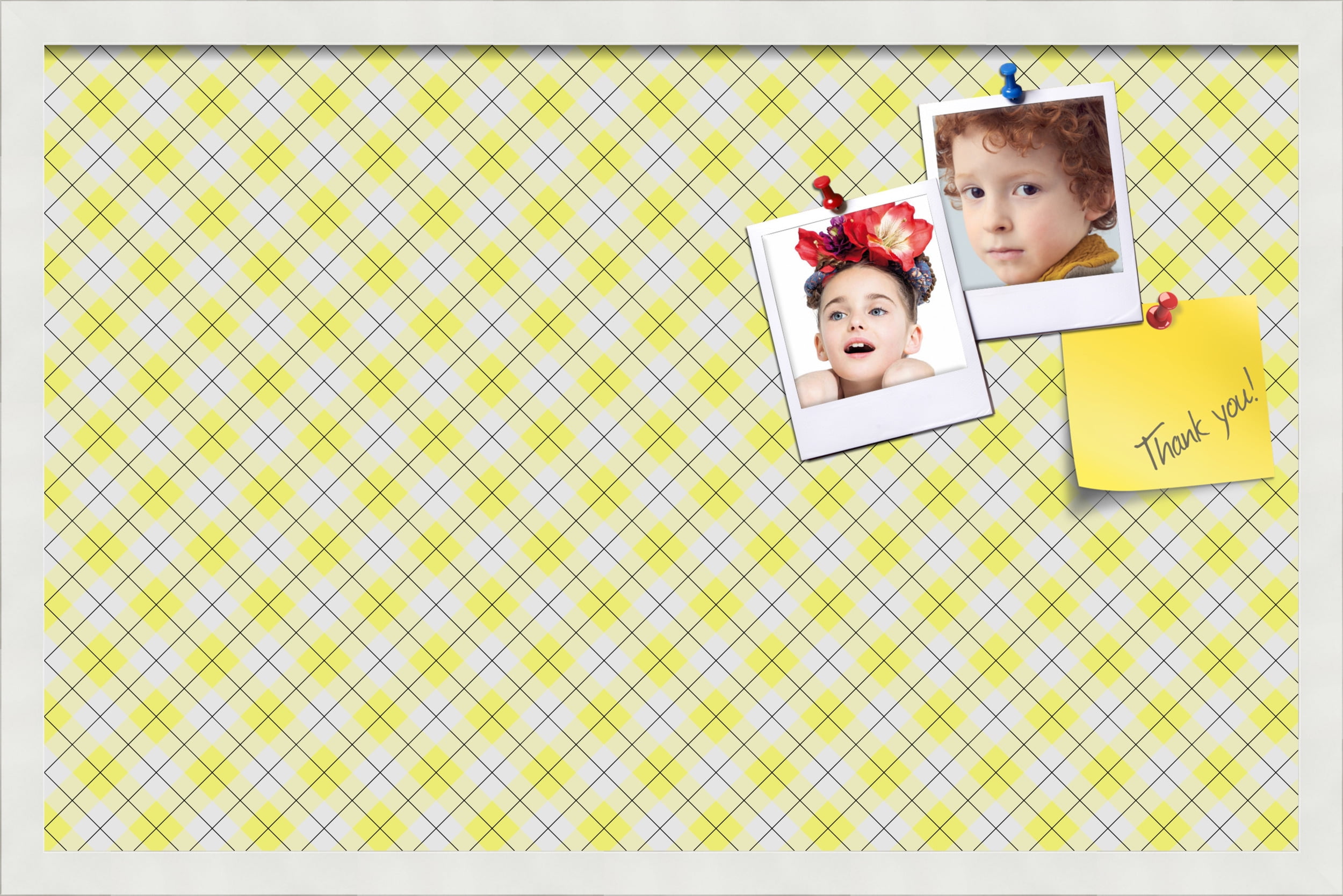 PinPix ArtToFrames 26x16 Custom Cork Bulletin Board Argyle Bright Yellow   Poster Board Has a Fabric Style Canvas Finish, Framed in Satin White Frame (PinPix-647)