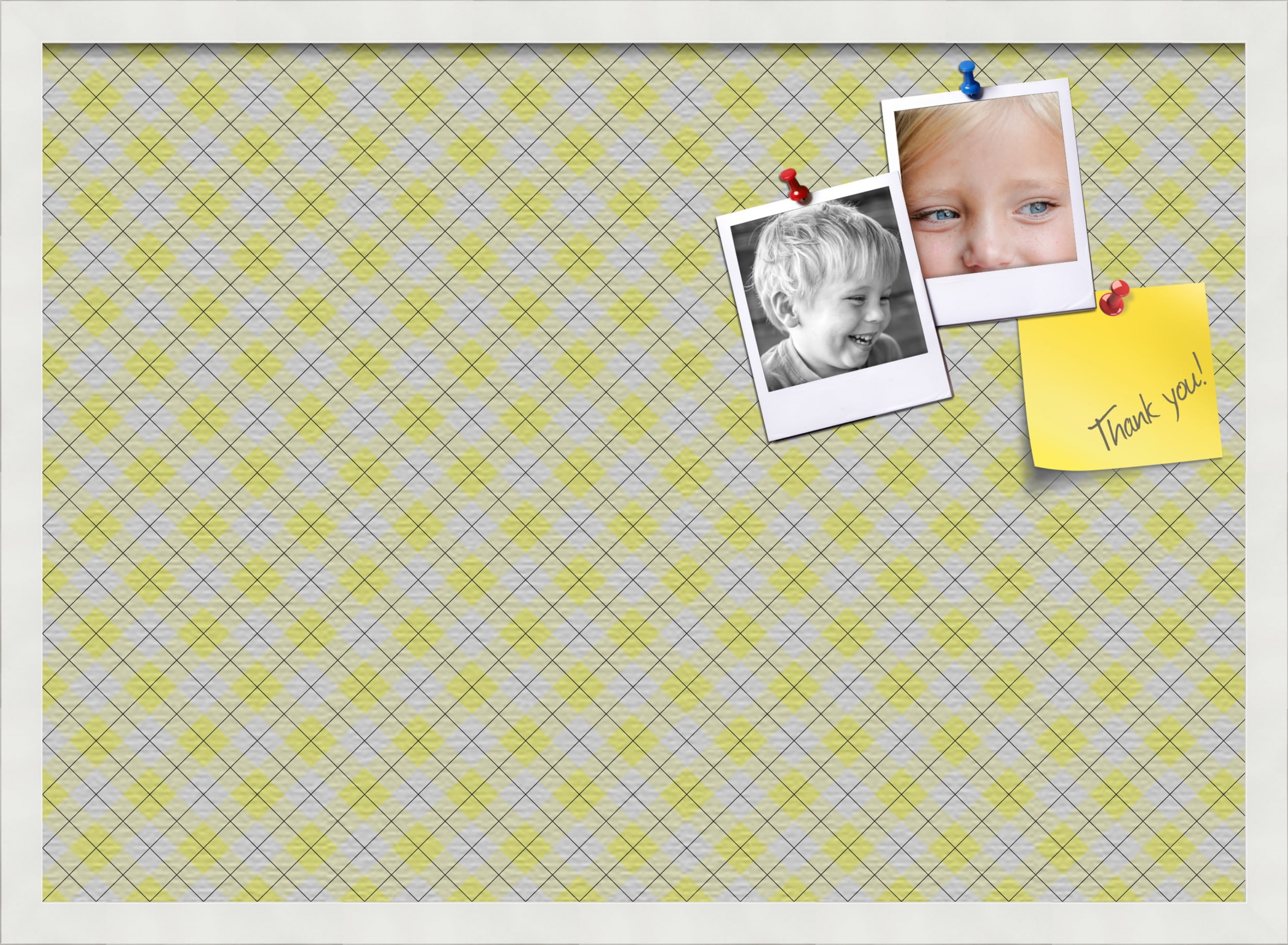 PinPix ArtToFrames 26x18 Custom Cork Bulletin Board Argyle Bright Yellow   Poster Board Has a Fabric Style Canvas Finish, Framed in Satin White Frame (PinPix-647)