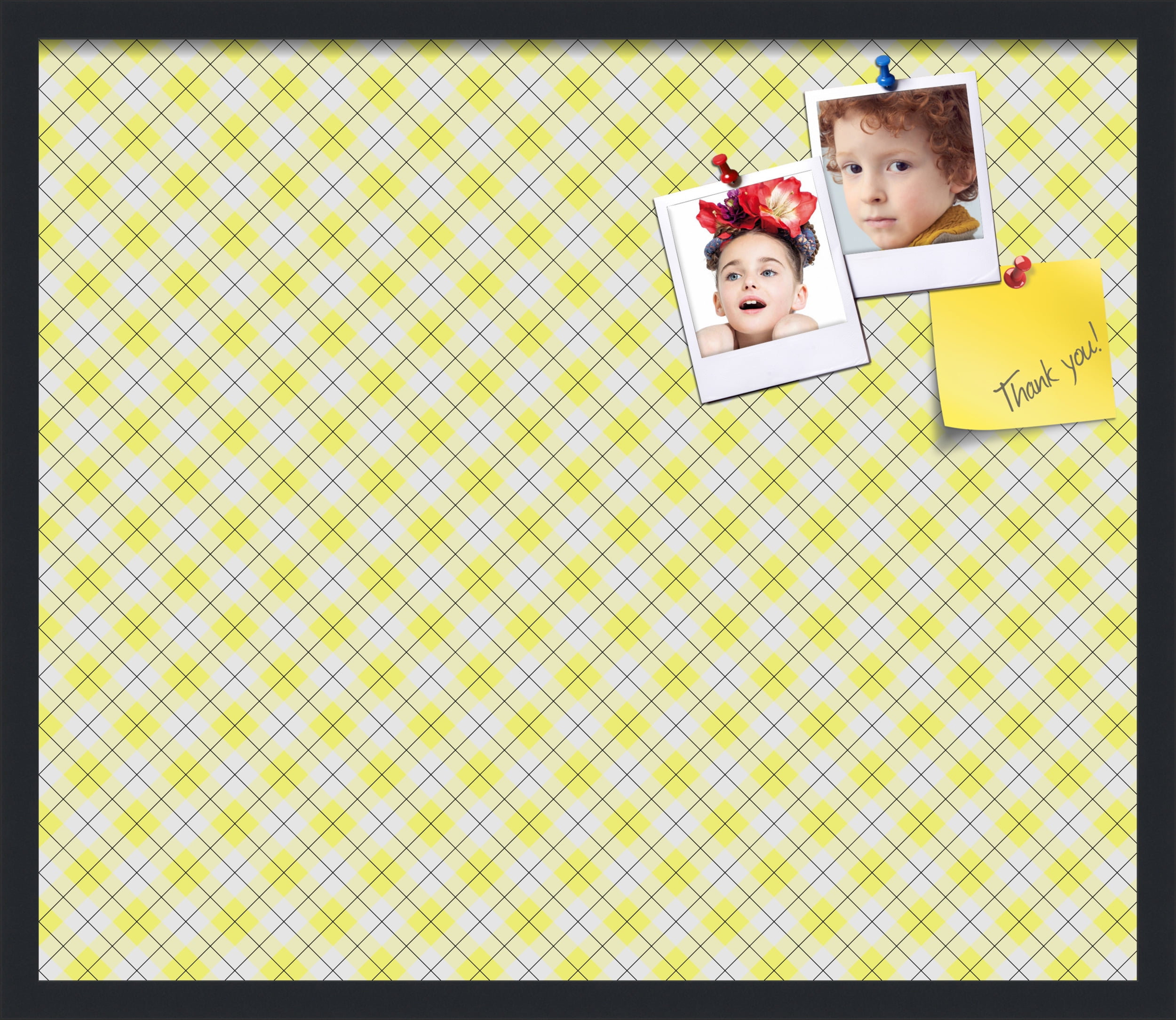 PinPix ArtToFrames 26x22 Custom Cork Bulletin Board Argyle Bright Yellow   Poster Board Has a Fabric Style Canvas Finish, Framed in Satin Black (PinPix-647)