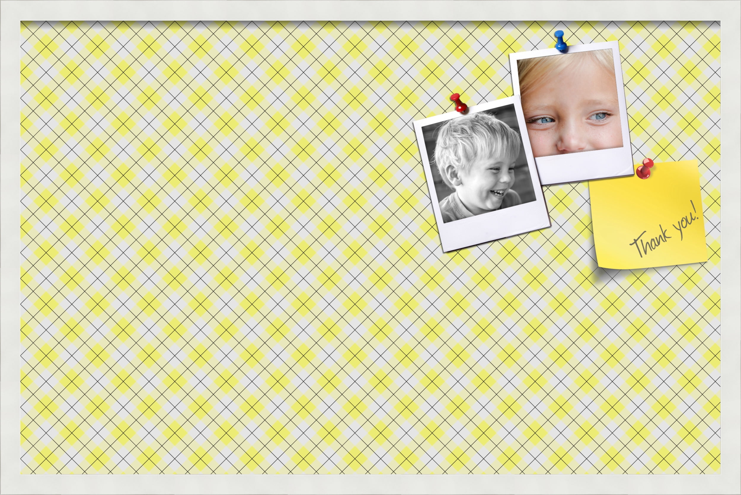 PinPix ArtToFrames 32x20 Custom Cork Bulletin Board Argyle Bright Yellow   Poster Board Has a Fabric Style Canvas Finish, Framed in Satin White Frame (PinPix-647)