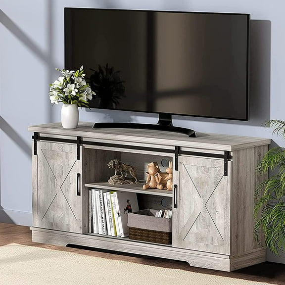 PinShang Modern Farmhouse Sliding Barn Door TV Stand,TV Stand for 65 Inch Tv,59 Inch Entertainment Center TV Console,Home Living Room Storage Table with Movable Shelf