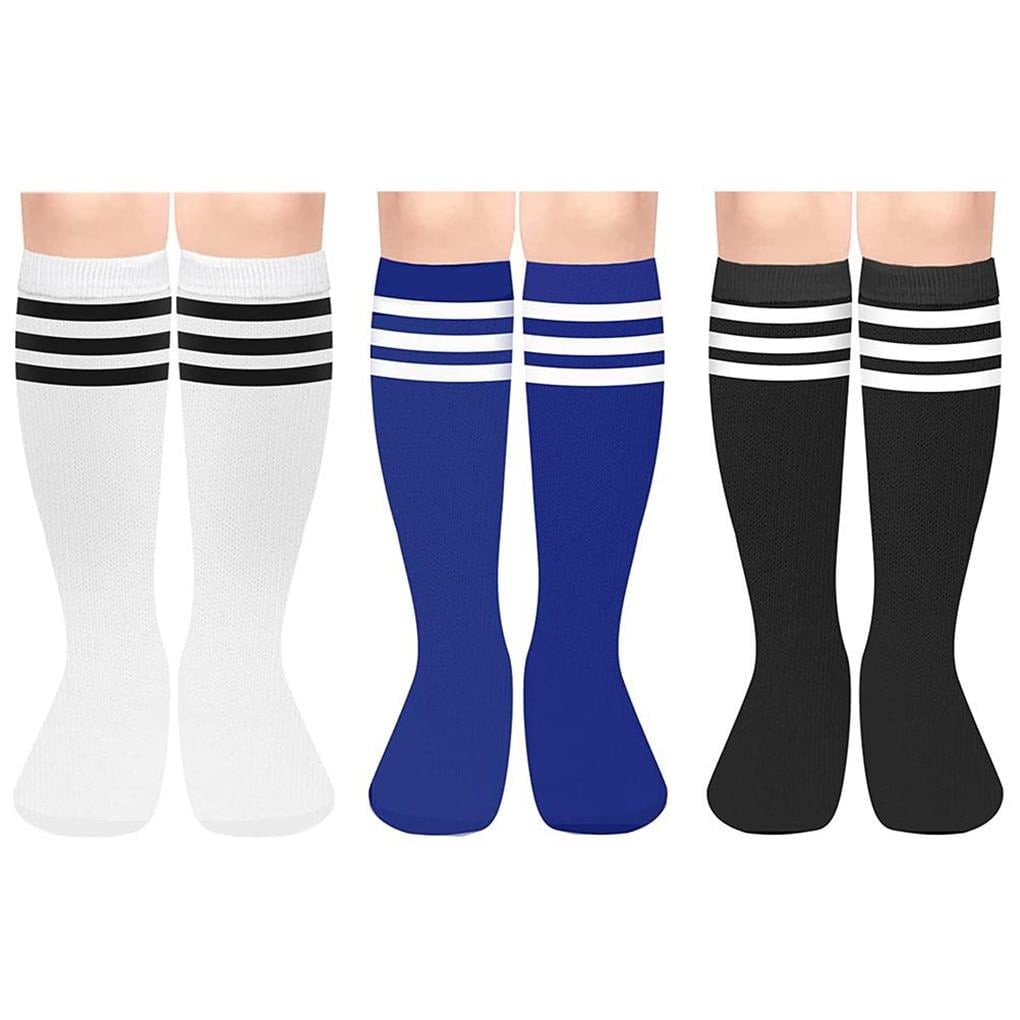 PinShui 3 pairs kids soccer socks knee high socks cotton three stripes