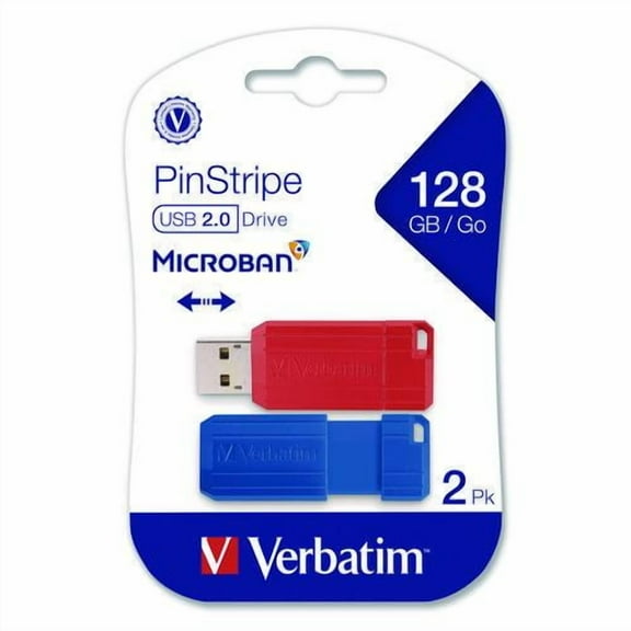 PinStripe USB 2.0 Flash Drive, 128 GB, Blue/Red, 2/Pack | Bundle of 2