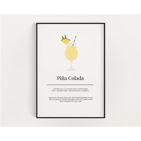 Pina Colada Cocktail Wall Art, Kitchen Wall Art, Cocktail Recipe Print, Pina Colada Print Home Decor #3620, Unframed Poster Size 12x18