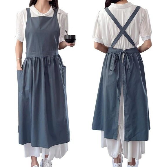 Pinafore Apron Dress,Japanese Cotton Linen Cross Back Apron for Women with Pockets,Dress with Waist Ties (Turquoise Blue)