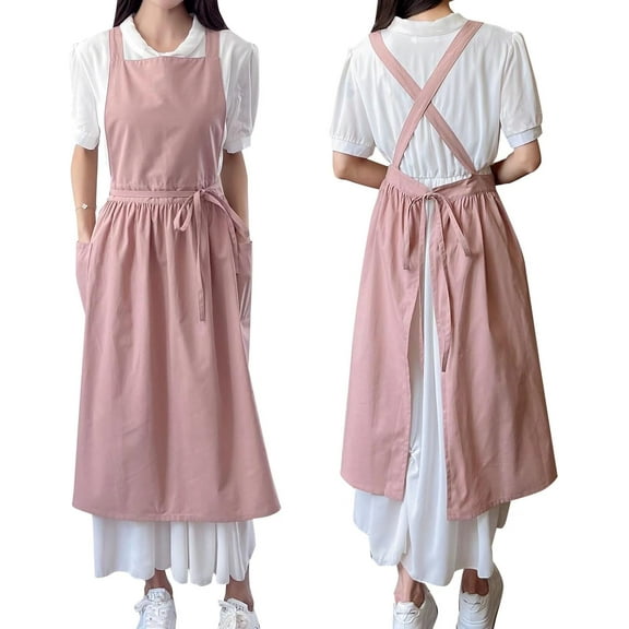 Pinafore Apron Dress，Japanese Cotton Linen Cross Back Apron for Women with Pockets，Dress with Waist Ties (Turquoise Blue)