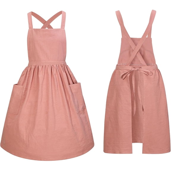 Pinafore Dress Apron for Women Girls Vintage Ruffle Cotton Chef Apron with Pockets and Long Ties, Cross Back Cute Kitchen Apron for Cooking Gardening Baking Painting Serving