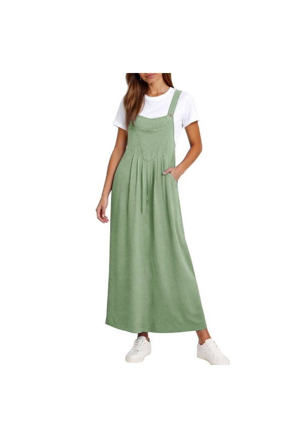 Pinafore Dress for Women Pleated Suspender Skirt Overall Dress Womens Casual A Line Maxi Dress with Pockets Summer Sleeveless Sundress Dresses
