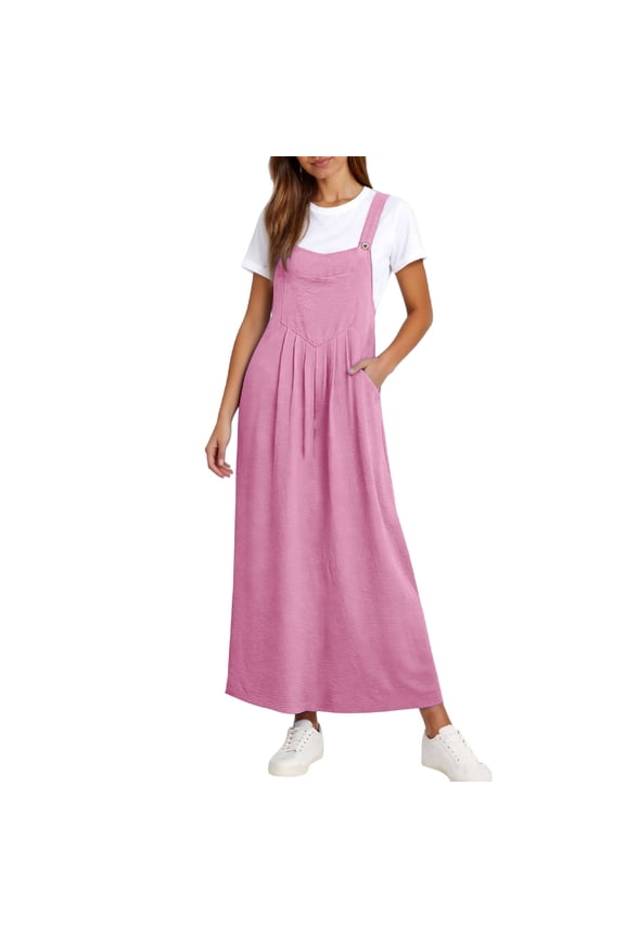 Pinafore Dress for Women Pleated Suspender Skirt Overall Dress Womens Casual A Line Maxi Dress with Pockets Summer Sleeveless Sundress Dresses