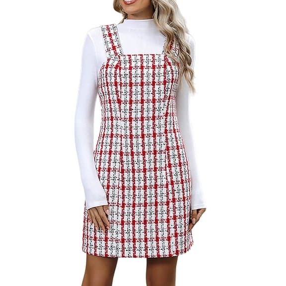 Pinafore Dress for Women Tweed Plaid Sleeveless Square Neck Mini Dress Tunic Top Red M