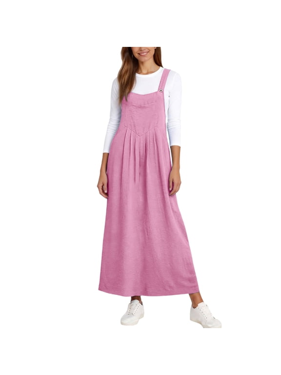 Pinafore Maxi Dress for Women Adjustable Strap Overall Dress Pleated Front Casual Loose A-Line Suspender Skirt Long Overall Dungarees Dresses with Pockets for Everyday & Holiday
