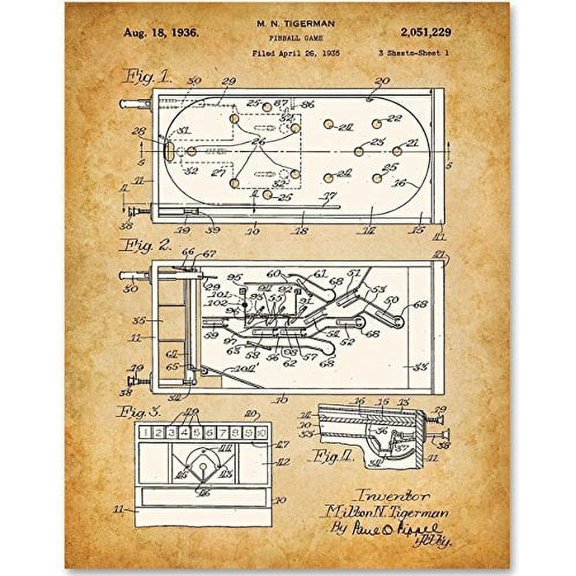 Pinball - 11x14 Unframed Patent Print - Great Gift for Game Room Decor