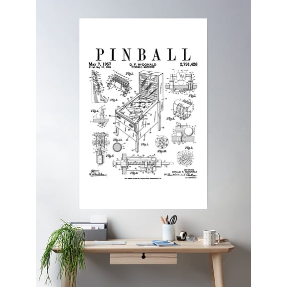 Pinball Arcade Gaming Machine Vintage Gamer Patent Print Poster Wall Art, UNFRAMED PAPER POSTER