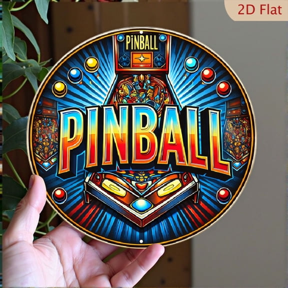 Pinball Arcade Retro Wall Art, 8x8 Inch Round Aluminum Decorative Metal Sign for Gamers Game Room Decor