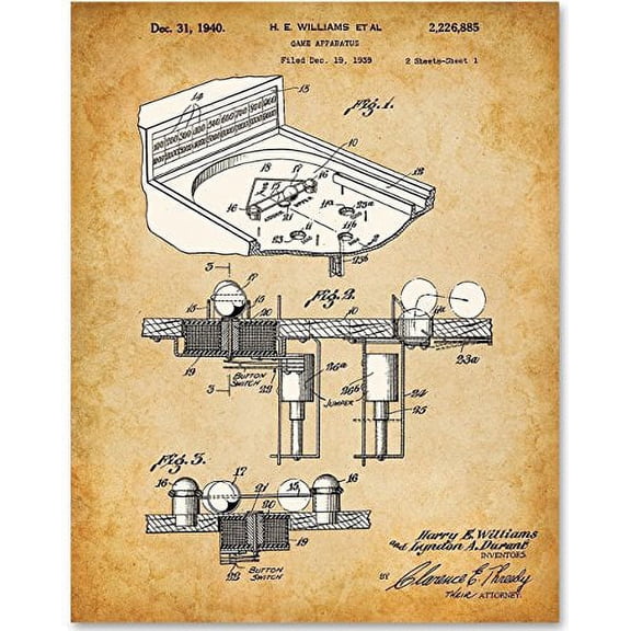 Pinball Machine Patent Print - 11x14 Unframed Patent Print - Great Gift for Game Room Decor