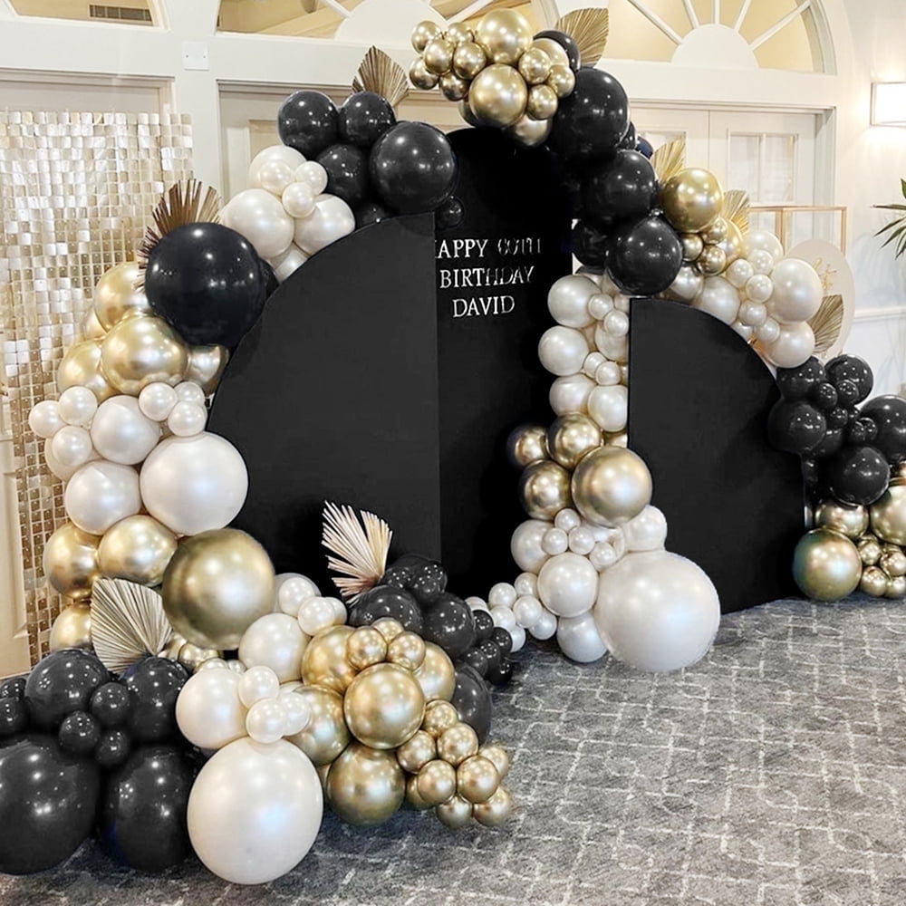 Pinbra Black White Gold Balloon Garland Double Stuffed Pearl White Sand ...