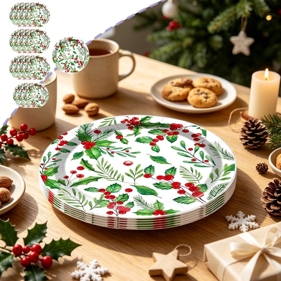 Pincandy 16 Pcs Christmas Plates and Napkins Party Supplies, Disposable Seasonal Holly Paper Plates Napkins Tableware Set for Winter Theme Birthday Holiday Party Decorations