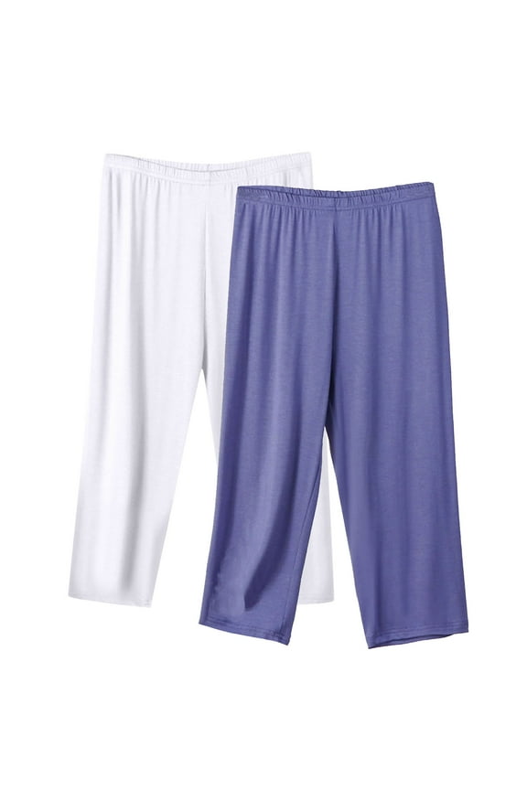 2 Pack Summer Capri Pants for Women Elastic Waist Lounge Cropped Pant Plus Size Casual Loose Straight Leg Capris