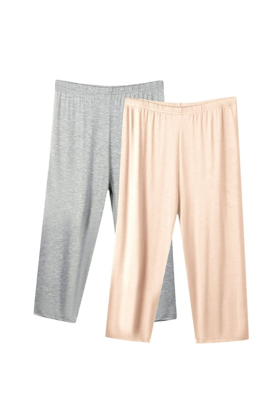 2 Pack Summer Capri Pants for Women Elastic Waist Lounge Cropped Pant Plus Size Casual Loose Straight Leg Capris