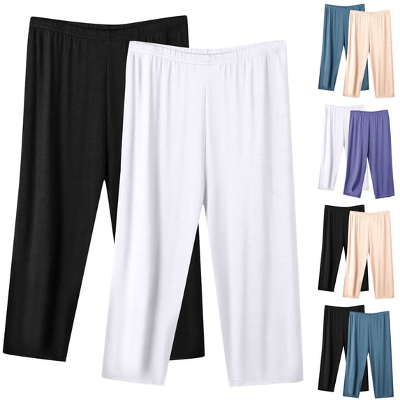 Pincandy 2 Pack Summer Capri Pants for Women Elastic Waist Lounge Cropped Pant Plus Size Casual Loose Straight Leg Capris