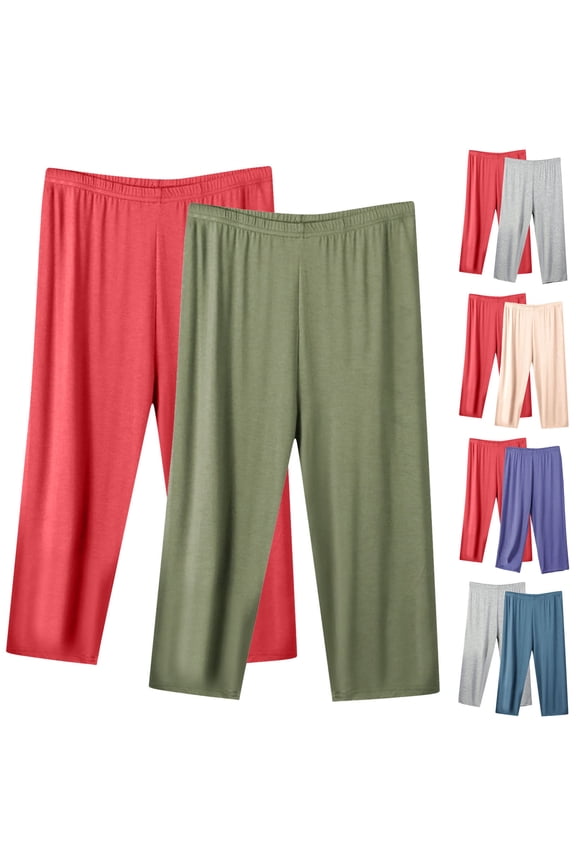2 Pack Summer Capri Pants for Women Elastic Waist Lounge Cropped Pant Plus Size Casual Loose Straight Leg Capris