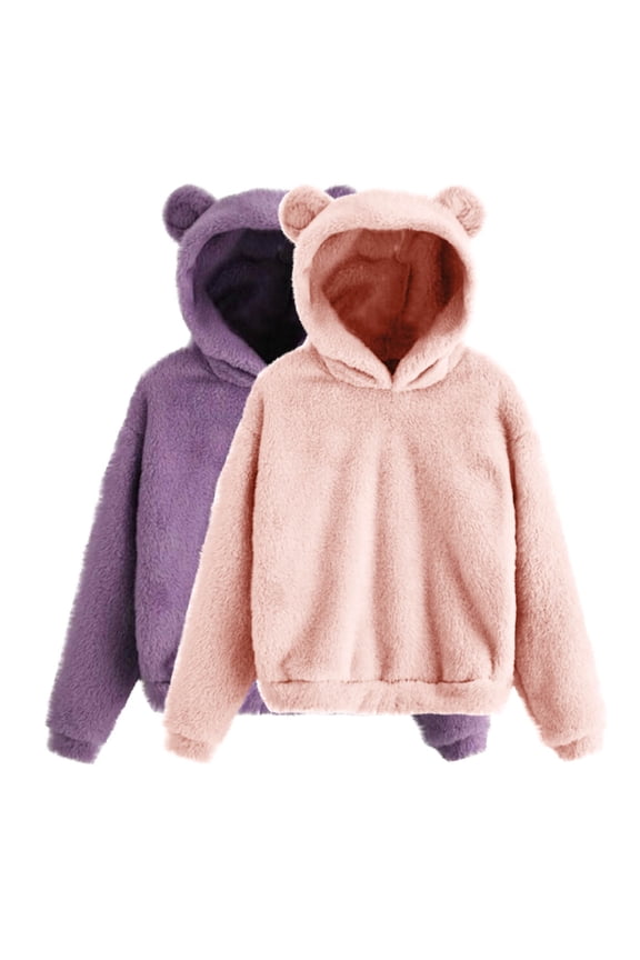 2PC Women's Y2k Cute Teddy Bear Fleece Hoodie Sweatshirt Winter Fuzzy Warm Teen Girls Long Sleeve Sweaters Pullover