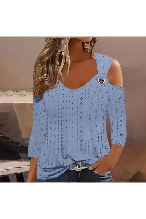 3/4 Length Sleeve Cold Shoulder Womens Plus Size Eyelet Tops Summer Casual Blouse Trendy Dressy Boho Floral Shirts