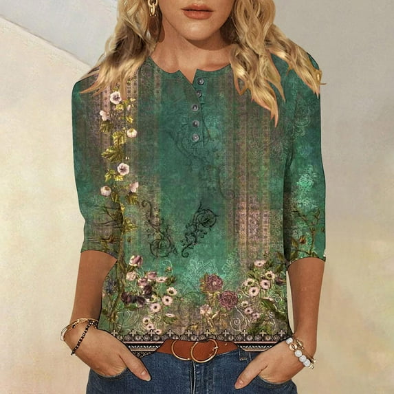 Pincandy 3/4 Length Sleeve Women's Casual Round Neck Cute Tops Fashion Loose Fit T-Shirts and Blouses