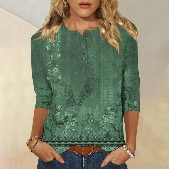 Pincandy 3/4 Length Sleeve Women's Casual Round Neck Cute Tops Fashion Loose Fit T-Shirts and Blouses