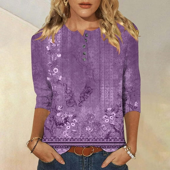 Pincandy 3/4 Length Sleeve Women's Casual Round Neck Cute Tops Fashion Loose Fit T-Shirts and Blouses